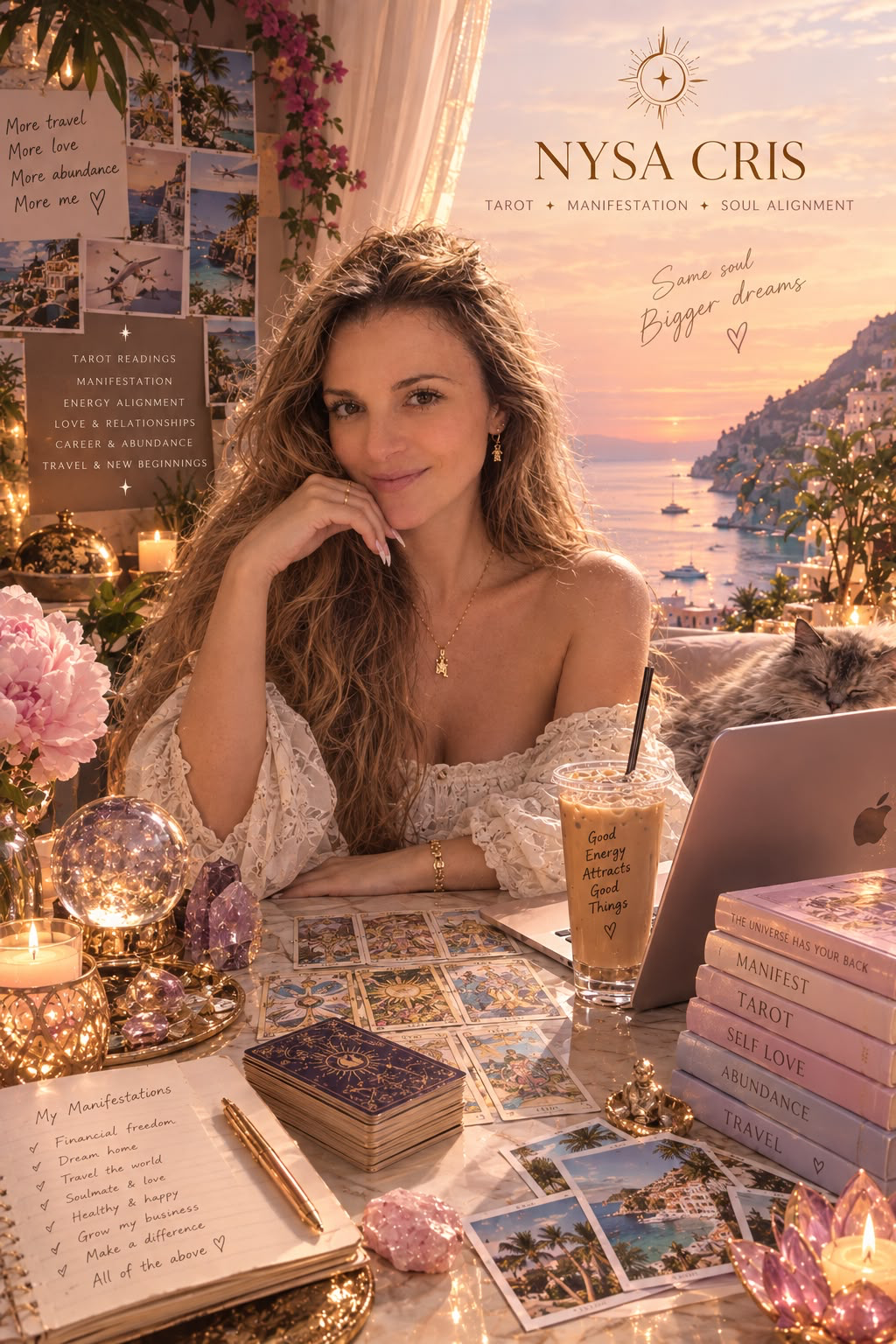 Nysa Cris at a tarot table in a warm, candlelit setting.